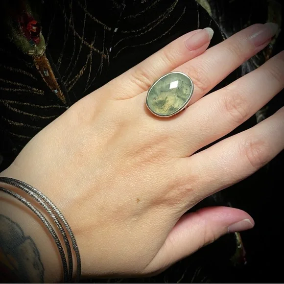 Faceted Prehnite Sterling Silver Ring Floral Band by designer Kyri